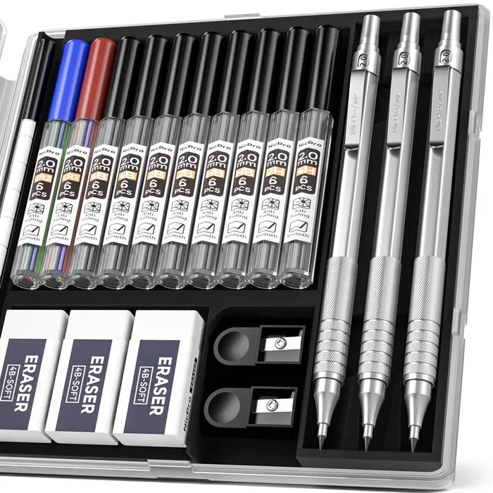 Nicpro Metal 2.0 Mechanical Pencil Set with Case, 3 PCS Drafting Lead Holder with 10 Tubes 2mm Graphite Lead Refill(HB 2H 4H 2B 4B) &Colors,