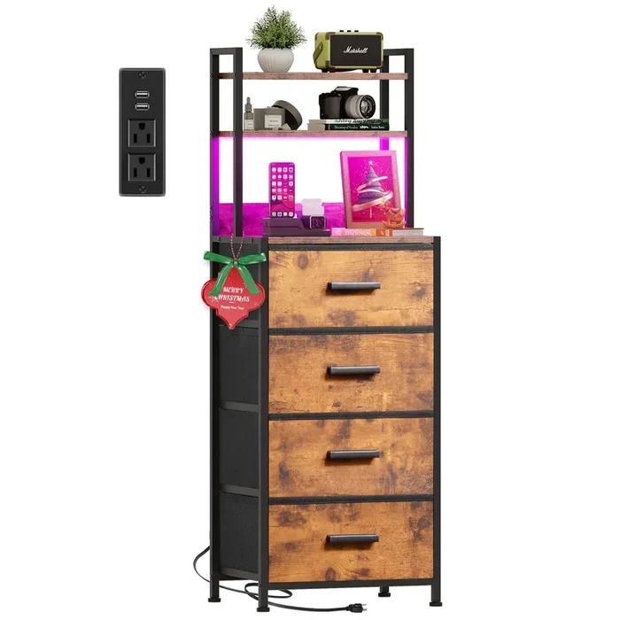 Nightstand 4 Drawer Dresser with LED Lights, Charging Station, Vertical Side Table with Fabric Drawers, End Table with 3 Open Shelves, Tall Dresser for Bedroom, Hallway, Entryway, Rustic Brown