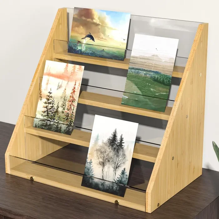 NiHome 4-Tier Bamboo & Acrylic Greeting Card Display Stand for Cards, Photos, Postcards – Durable Stylish Showcase Organizer with High-Transparency Panels for Home, Wedding & Keepsakes