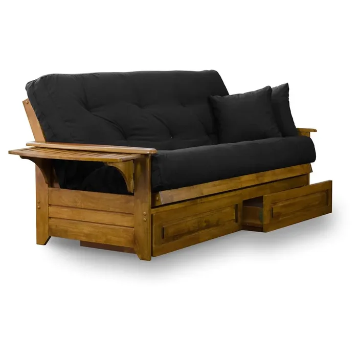 Nirvana Futons Brentwood Tray Arm Futon Frame, Drawers, and Black Mattress Set – Full, Rich Heritage Finish