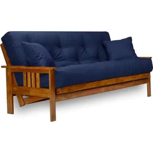 Nirvana Futons Stanford Futon Set – Full Size Futon Frame with Mattress Included (8 Inch Thick Mattress, Twill Navy Blue Color), Heavy Duty Wood, Popular Sofa Bed Choice