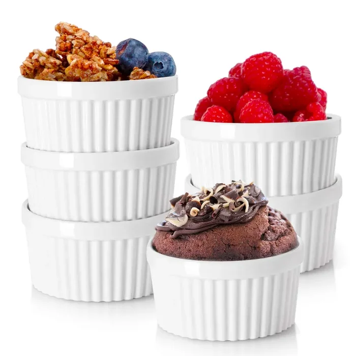 Nuwave Ceramic Ramekins 4oz Set of 6, Classic Elegant Style Ramekins for Baking Souffles, Creme Brulées, Custards, Puddings, Oven, Microwave & Dishwasher-Safe, Ivory White