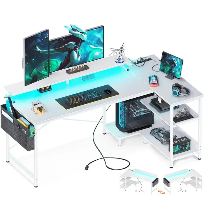 ODK 58 Inch L-Shaped Gaming Desk with LED Lights, USB Charging Ports, and Storage Solutions in Pure White