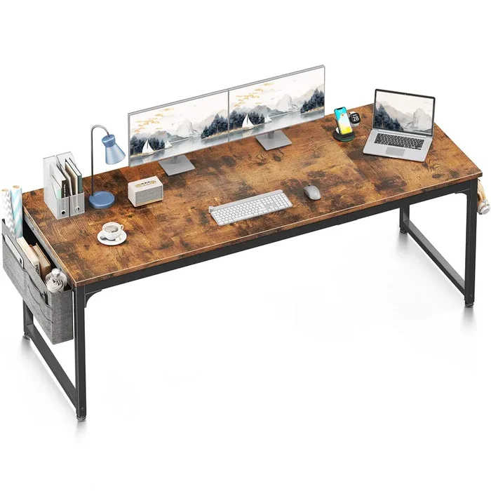 ODK 71 Inch Large Computer Desk Home Office Desk, Long Modern PC Desk Work Table with Headphone Hook & Fabric Bag for Storage, Spliced Board, Rustic Brown