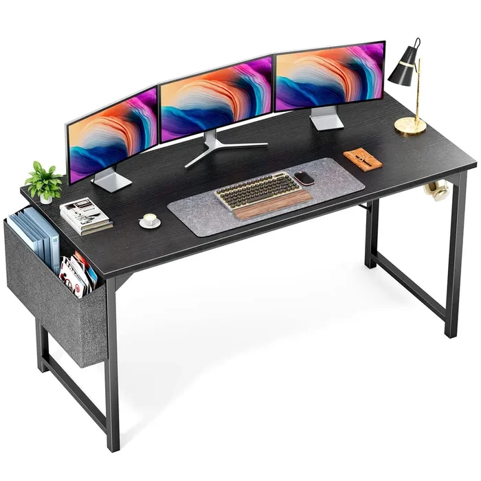 OLIXIS Computer Desk 63 Inch Home Office Work Study Writing Student Kids Bedroom Wood Simple 2 Person PC Table with Storage Bag & Headphone Hooks, Modern Black