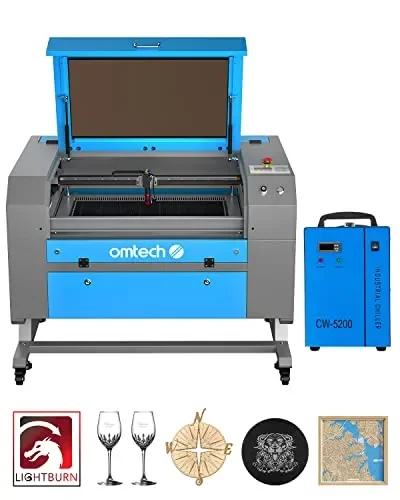 OMTech 60W CO2 Laser Engraver with LightBurn & Water Chiller, 20″x28″ Laser Engraving Cutting Machine with Autofocus Autolift 4 Way Pass Air Assist,