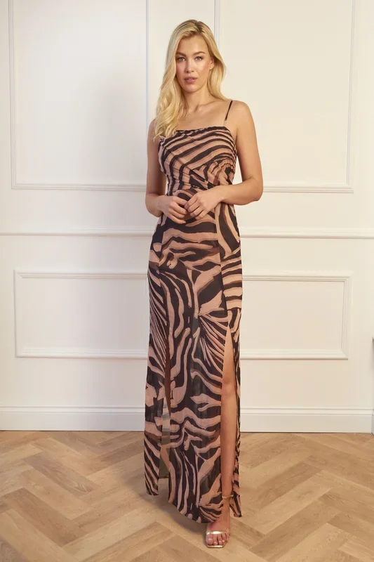 One Shoulder Animal Abstract Printed Maxi Dress in Multi