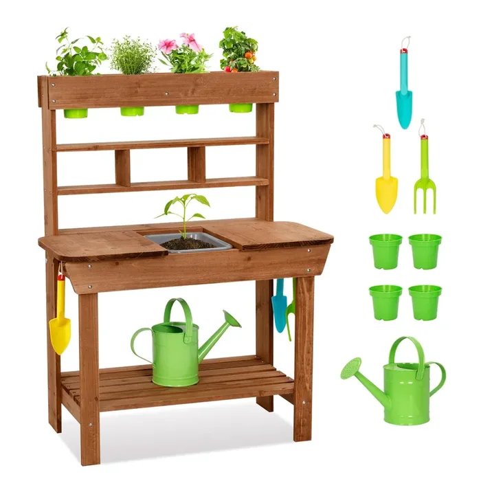 OOOK Potting Bench with Removable Sink, Potting Benches for Outside, Mud Kitchen for Kids Outdoor with Gardening Tools, Watering Can, Flower Pot, Ideal Gift for Boys and Girls 3+, Solid Fir Wood