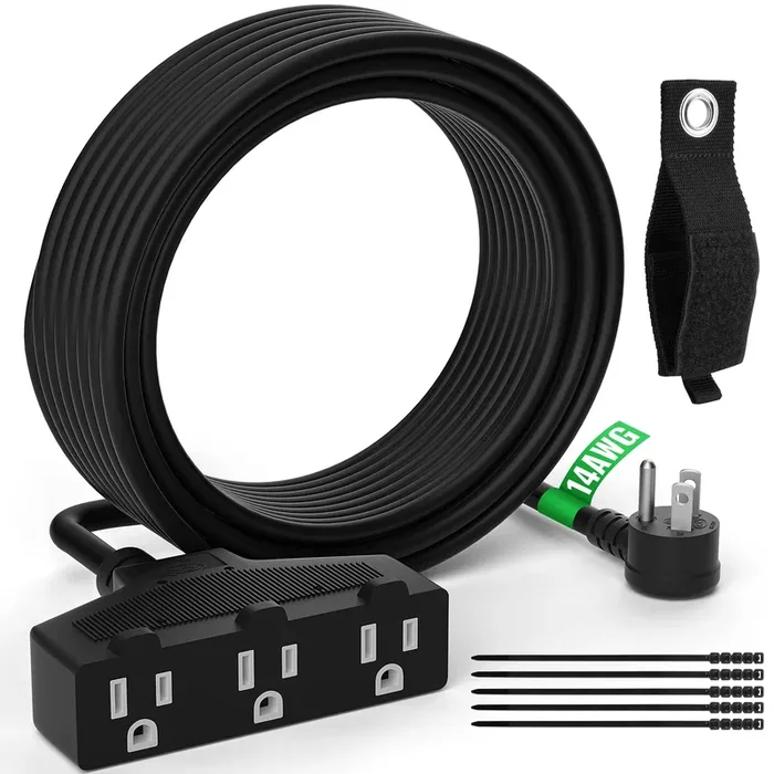 Outdoor Extension Cord 50 Ft with 3 Outlets, 14/3 SJTW 3 Prong Grounded Power Cord, 14 Gauge 14AWG Heavy Duty Power Cable, ETL Listed, 15 Amp 125 V 1875 W-Multiple Outlets for Indoor/Outdoor-Black
