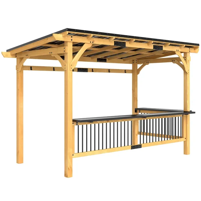 Outsunny 13′ x 6′ Wooden BBQ Grill Gazebo, Hardtop Grill Gazebo with Metal Roof, 2 Bar Shelves and 6 Hooks, Outdoor BBQ Gazebo for Patio, Garden, Backyard, Natural
