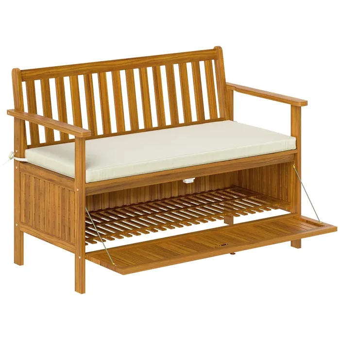 Outsunny Outdoor Bench with Storage Box, 28 Gallon Outdoor Storage Bench, Acacia Wood Garden Seat with Cushion, 2 Seater Patio Furniture for Park, Balcony, Teak