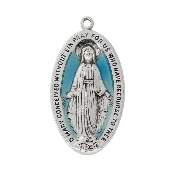 Oval Sterling Silver with Blue Epoxy Miraculous Medal on 24″ Stainless Steel Chain