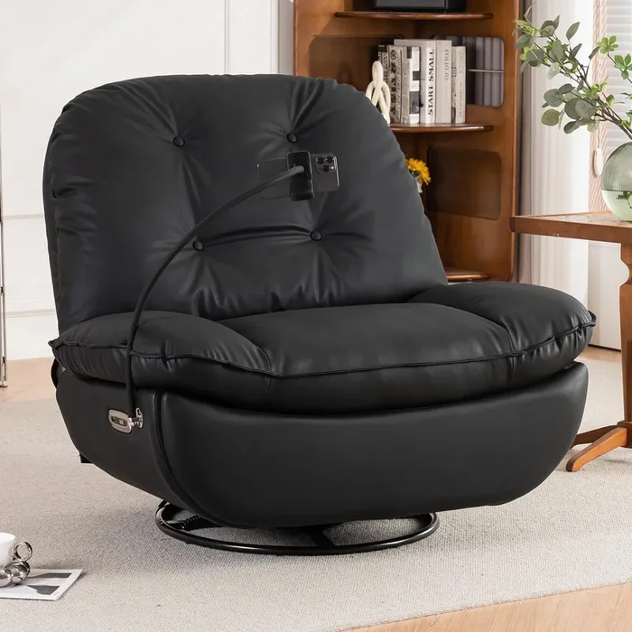 Oversized Electric Recliner Chair, 360 Swivel Rocking Glider Rocker for Adults Modern Ergonomic Lounge for Living Room Phone Stand& Smart Control Theater Seating (Black, Silicone Leather)