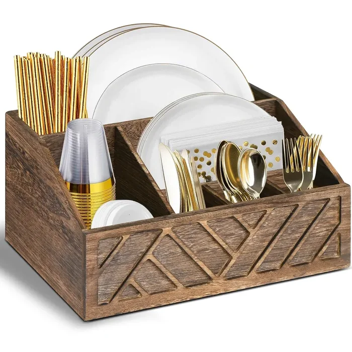 Paper Plate Dispenser, Paper Plate Holder for Kitchen Counter, Wood Rustic Silverware Utensil Caddy, Cutlery Flatware Organizer Box for Cups Spoons Forks Plates Napkins, Kitchen Accessories (Brown)