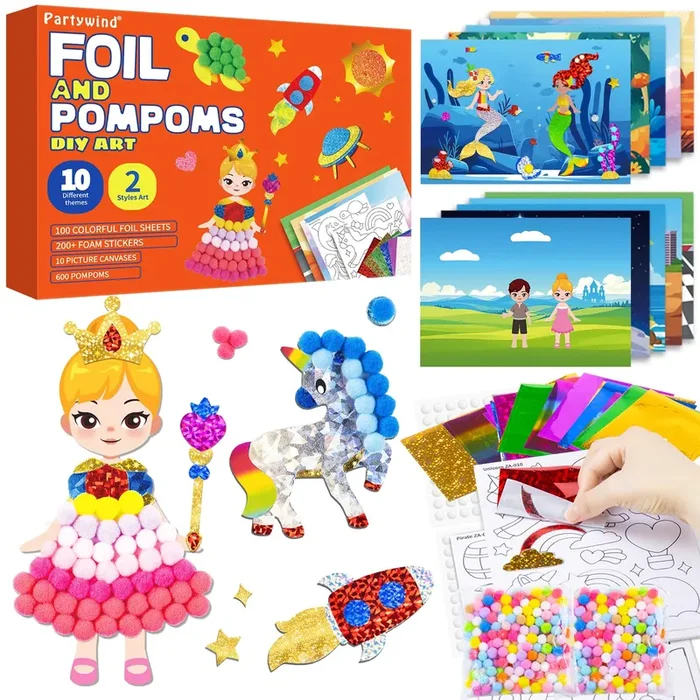 PARTYWIND Foil & Pom poms Art Fun Kit for Kids Ages 4-8 – Unicorns, Princesses, and Ocean DIY Arts & Crafts Supplies, Quiet Time Travel Toys, Birthday Gifts for Girls & Boys Ages 4 5 6 7 8 9 10 11 12