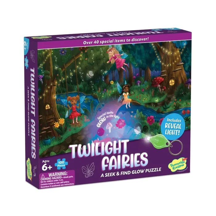 Peaceable Kingdom Twilight Fairies Puzzle – 100-Pc. Seek & Find Glow Puzzle for Kids Ages 6 & Up – Included Blacklight Reveals Hidden Items – Great for Home or Classrooms