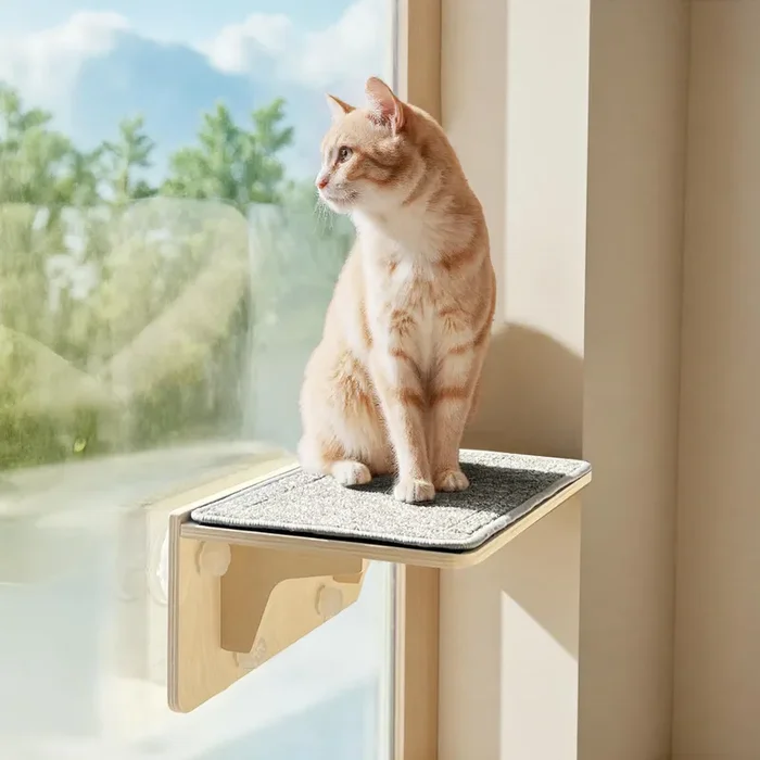 Pecute 2-in-1 Cat Window Perch & Wall Shelves – Sturdy Solid Wood Frame, 4 Large Rotating Suction Cups, Washable Carpet Cloth Cover, Space-Saving Indoor Cat Hammock Bed for Large Cats & Kittens