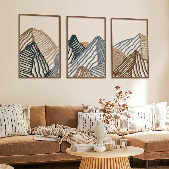 Peryiter 3 Pcs Mountain Metal Wall Art Mountain Line Wall Decor Abstract Minimalist Rustic Nature Decor for Home Bathroom Living Room(Vibrant Colors)