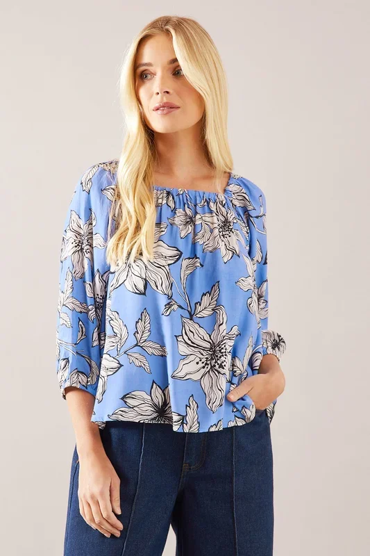 Petite Blue Floral Square Neck Top
