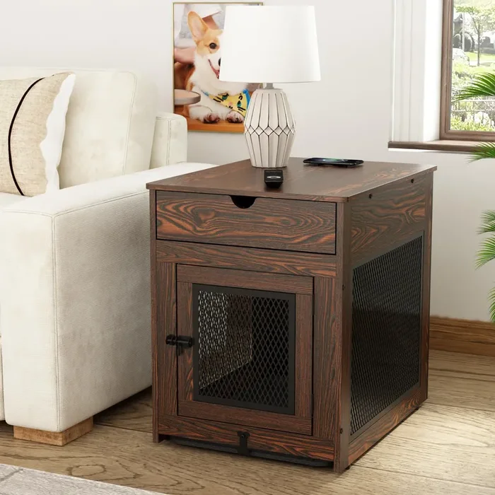Piskyet Dog Crate Furniture,Wooden Dog Crate End Table with Storage Drawer&Cushion&Tray, QC3.0 Wireless Fast Charging&Dual USB, Dog Crate Indoor