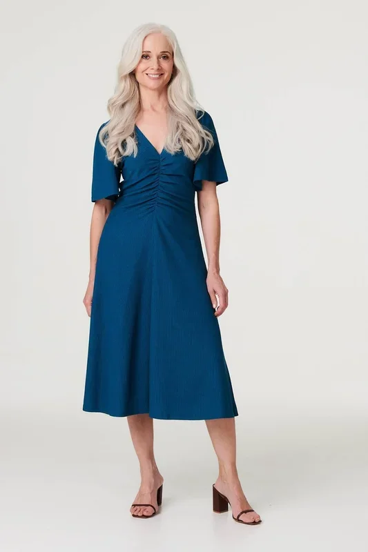Plain Ruched Front Midi Dress
