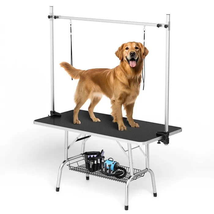 Polar Aurora 46” Pet Dog Grooming Table,Adjustable Height Heavy Duty Professional Stainless Steel Grooming Table for Dogs at Home for Medium Large Dogs w/H-Shape Arm,2 Nooses,Mesh Tray