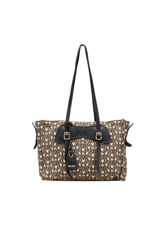 Preloved Printed Fabric Tote Bag with Interior Pockets and Adjustable