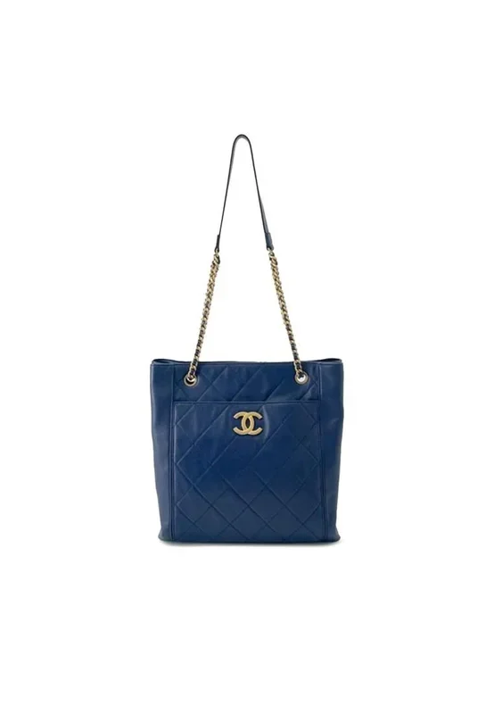 Preloved Quilted Leather Tote- Blue Shoulder Bag