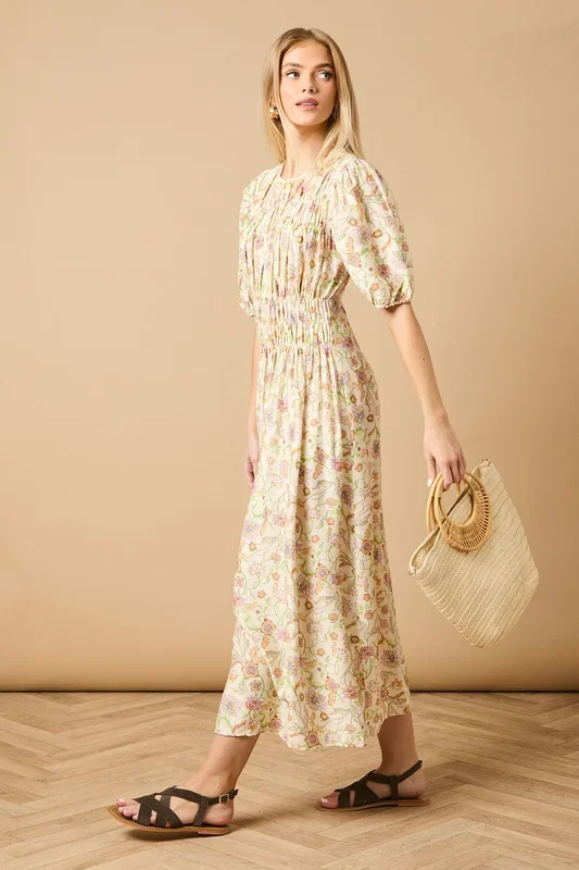 Printed Shirred Bodice Puff Sleeve Midi Dress
