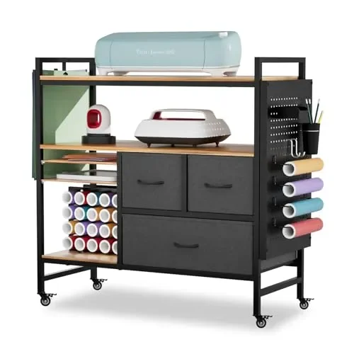 PUNLUXU Organizers and Storage Compatible with Cricut Machines – Vinyl Roll Holder, DIY Pegboard with Accessories Organizer, Rolling Craft Table with