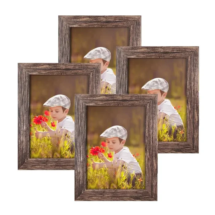 Q.Hou 5×7 Picture Frame Wood Pattern Rustic Brown Photo Frames Packs 4 with High Definition Plexiglass for Tabletop or Wall Decor (QH-PF5X7-BR)