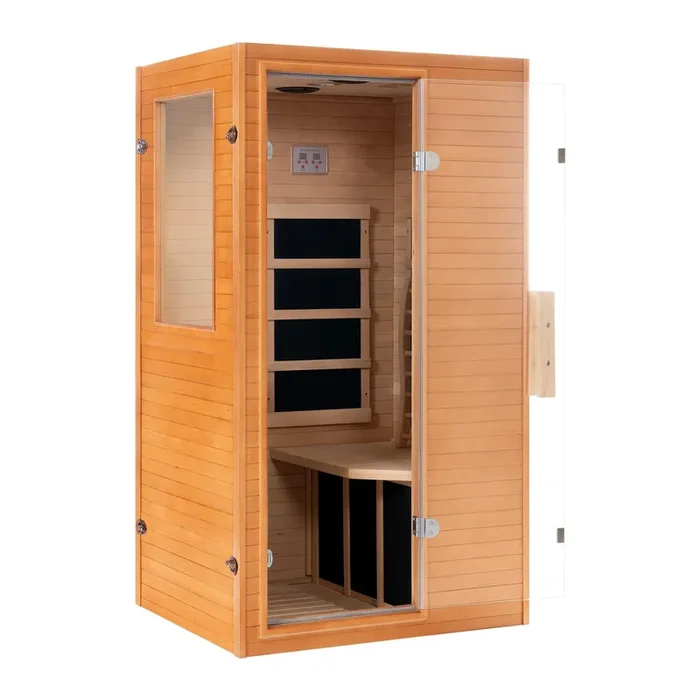 Real Relax Far Infrared Sauna Room 1 Person, Compact Hemlock Wooden Indoor Home Sauna Room with 950W 6pcs Low EMF Heating Plates