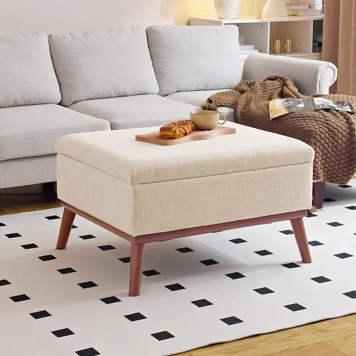 Redlife Ottoman Coffee Table, 31″ Wide Rectangular Large Ottoman with Storage, Lift Top Ottoman Coffee Table Mid Century Modern Rectangle Coffee Tables for Living Room (Beige Rectangle)