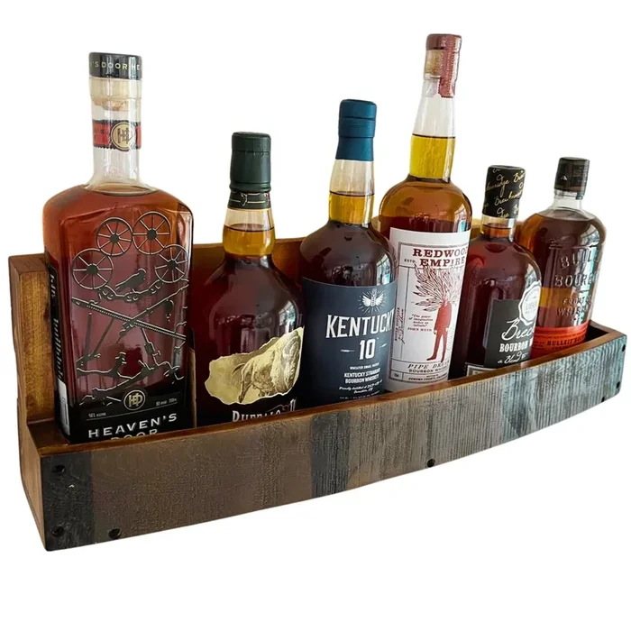 RELODECOR Whiskey & Wine Barrel Shelf – Rustic Wall-Mounted Wooden Rack for Liquor Bottles, Bourbon Display, Space-Saving Home Bar Storage, for Wine & Whiskey Enthusiasts