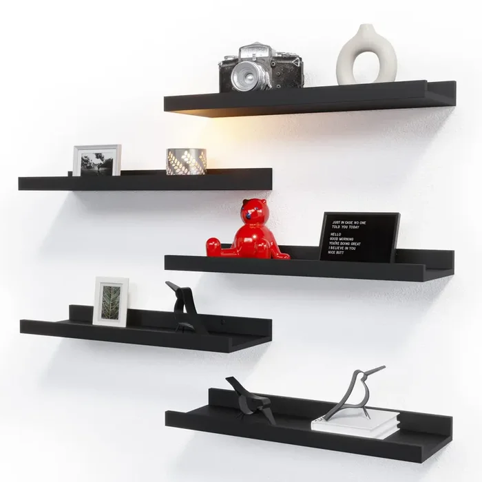 RICHER HOUSE 5 Set Floating Wall Mounted Shelves, Black Shelves for Wall Decor, Modern Picture Ledge Shelf with Lip for Storage, Nursery, Bedroom, Living Room, Bathroom – Black