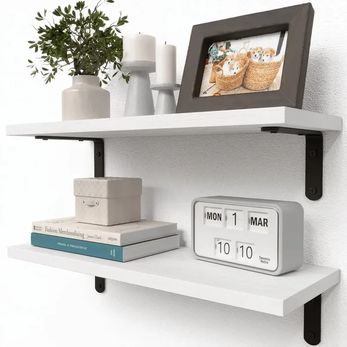RICHER HOUSE Floating Wall Shelves, Rustic Wood Bathroom Shelves Set of 2, Farmhouse Style Shelf for Décor, Hanging Bedroom, Storage, Kitchen, Living Room – White