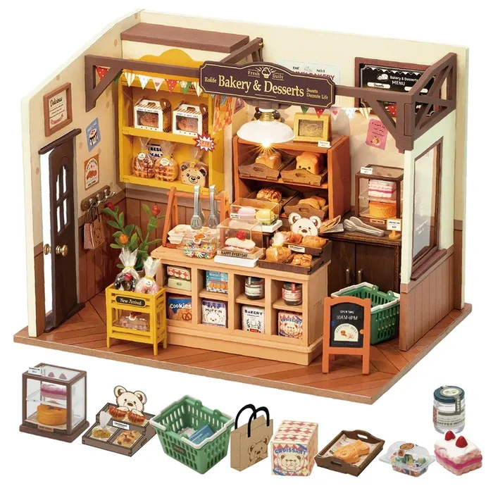 Rolife DIY Miniature Doll House Kit, Build Becka’s Bakery Diorama House Building Set with LED Room Hobby Craft for Aduls Uniue Gifts for Teens