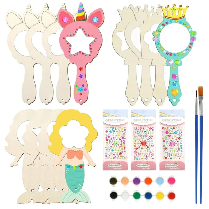 RONIAVL 12pcs Kids Wooden Mirror Craft for Girl DIY Decorate Your Own Princess Mirror Mermaid Mirrors Crown Mirrors Small Mirrors for Crafts Princess Party Decorations Art Activities