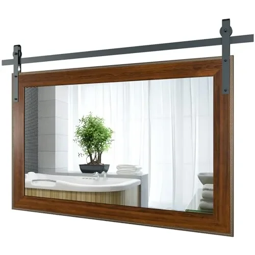 ROOMTEC Farmhouse Bathroom Mirror 51×35 inch Barn Door Mirror Rustic Wall Mirror Wood Frame Mirror for Bathroom, Entryway