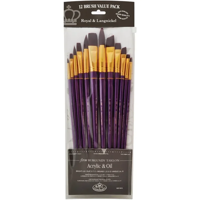 Royal Brush Manufacturing Royal and Langnickel Zip N’ Close 12-Piece Brush Set, Firm Burgundy Taklon, Assorted