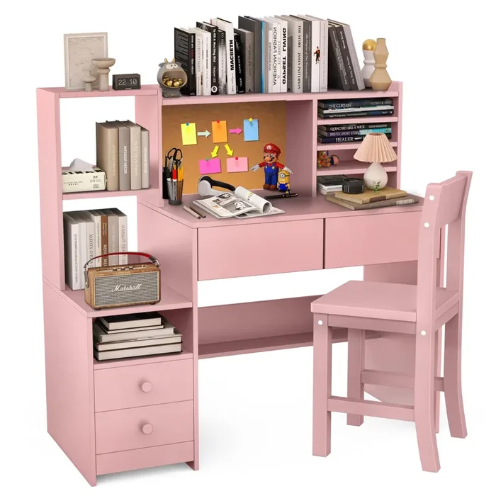 RUPOLX Pink Kids Desk and Chair Set for 5-12 Year Old, Childrens Computer Desk with 4 Drawers, Kids Study Table with Storage Shelf -3vj-40
