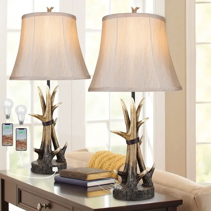 Rustic Table Lamps for Living Room Set of 2, Farmhouse Antler Western Bedside Lamp for Bedroom with 2 USB Charging Port, 3-Way Dimmable Resin Nightstand Lamps with Shade Decor, LED Bulbs Included
