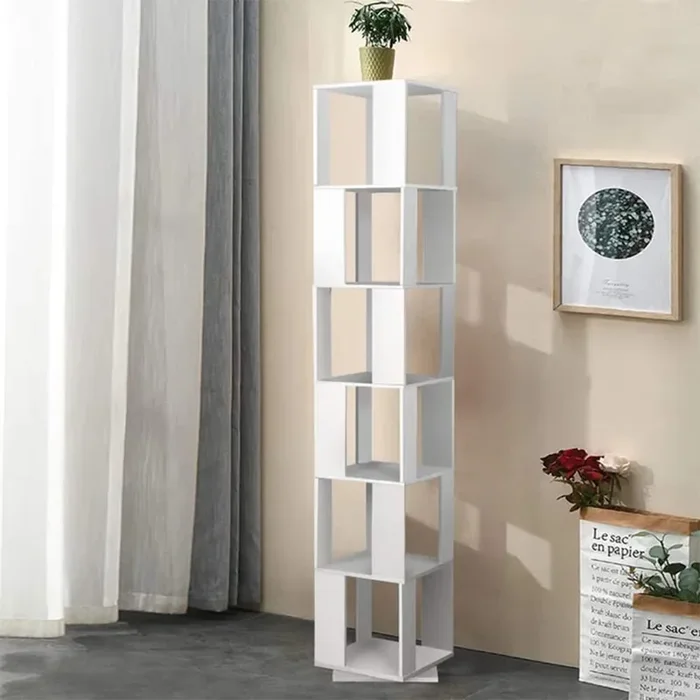Saadiya 6-Tier 360° Rotating White Floor Standing Bookshelf for Small Spaces