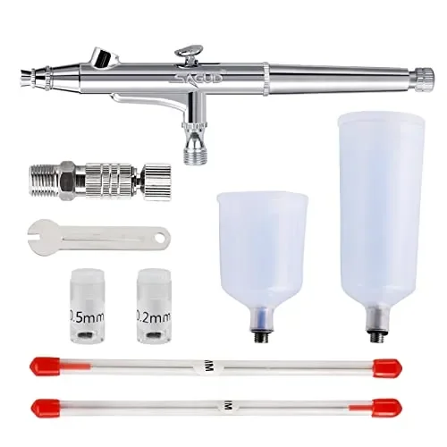 SAGUD Airbrush Kit 0.3mm Dual-Action Air Brush Gun with 20cc and 40 cc Plastic Fluid Cups – Extra 0.2mm & 0.5mm Nozzles Needle Air Caps and Quick