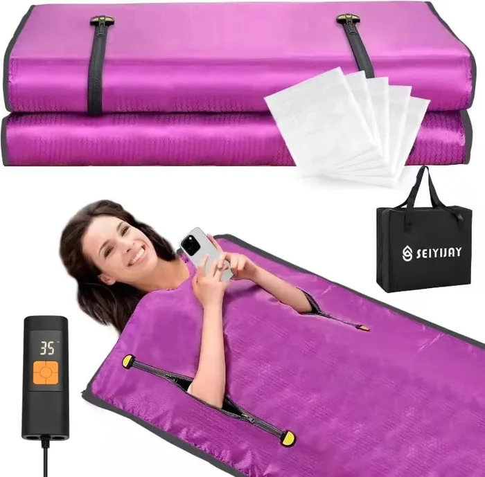 SEIYIJAY Infrared Sauna Blanket, Upgraded Detox Blanket with Remote, Includes 5 Plastic Sheeting for Body Wrap (Purple)