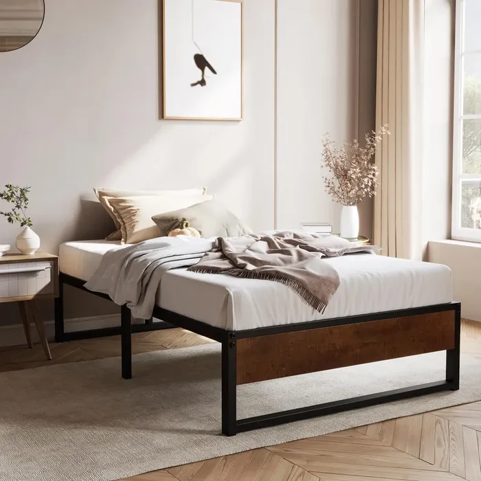 SHA CERLIN 14” Twin Size Metal Platform Bed Frame with Rustic Wood & Reverse Holes/Ample Under-Bed Storage Space/Mattress Foundation/No Box Spring Needed/Easy Assembly