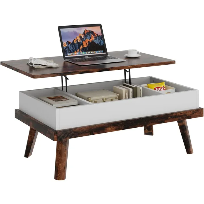 Shintenchi Coffee Table, Lift Top Coffee Table with Hidden Compartment, Rising Tabletop Dining Table, Lift Top Coffee Center Table for for Living Room, Office, Home (Rustic Brown)