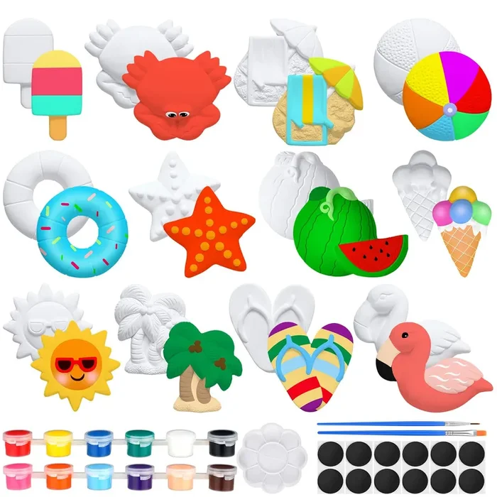 Sinmoe 12 Sets Arts and Crafts Set Painting Kit for Kids Unpainted DIY Ceramic Figurines Paint Your Own Figurines with 12 Magnet 2 Brushes and 1 Palette Ceramic Painting Kit for Toddler (Beach)
