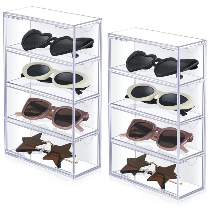 Sintuff 2 Pieces Acrylic Sunglass Organizer Clear Sunglass Holder with 4 Drawers Glasses Organizer for Women Clear Eyeglass Holder Eyewear Display Case Multiple Pair for Glasses Jewelry Watch Storage