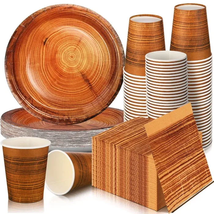 Skylety 200 Pcs Rustic Wood Grain Paper Plates Camping Party Tableware Set Disposable Fall Plate Cup Napkin Hunting Birthday Party Decorations Woodland Party Dinnerware Serve 50 Guests